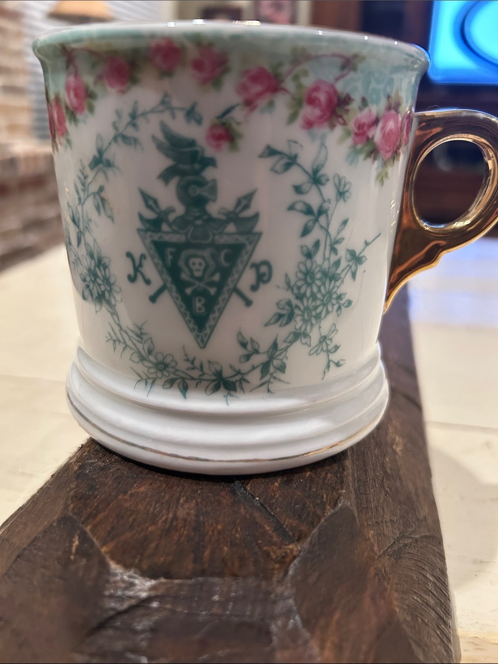 Antique Floral Trim Porcelain Shaving Mug with Gold Handle